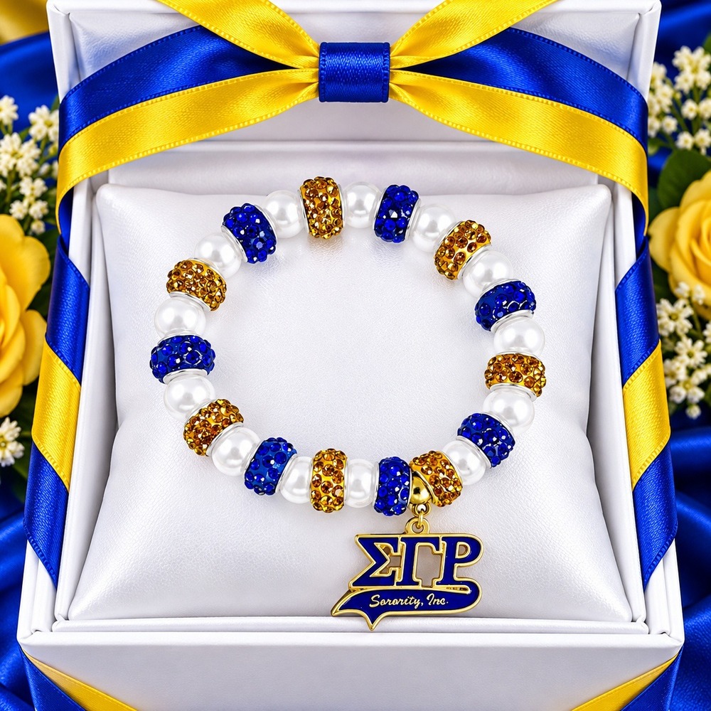 Sigma Gamma Rho Bracelet Blue, White and Gold with Pendant Logo